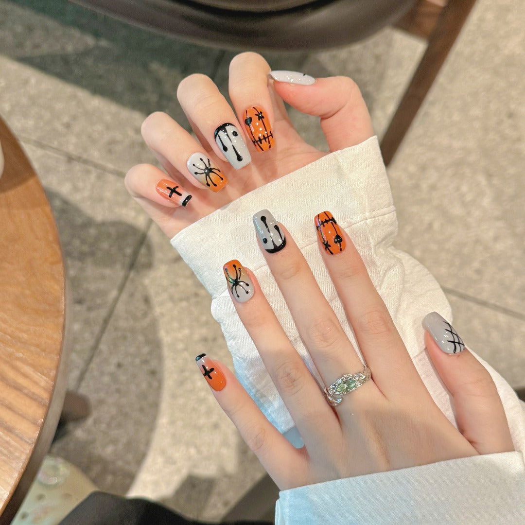 Halloween Orange Spider Web Press-On Nail