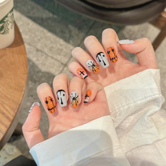 Halloween Orange Spider Web Press-On Nail